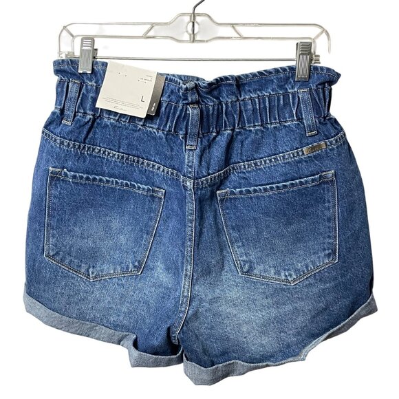 NWT KANCAN Ultra High Rise Paper Bag Shorts 100% Cotton Womens Size L Blue Denim - Picture 3 of 8